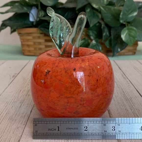 Orange Art Glass Weighted Apple Paperweight With Clear Green Stem Leaf 4 1/2” T - Picture 12 of 15